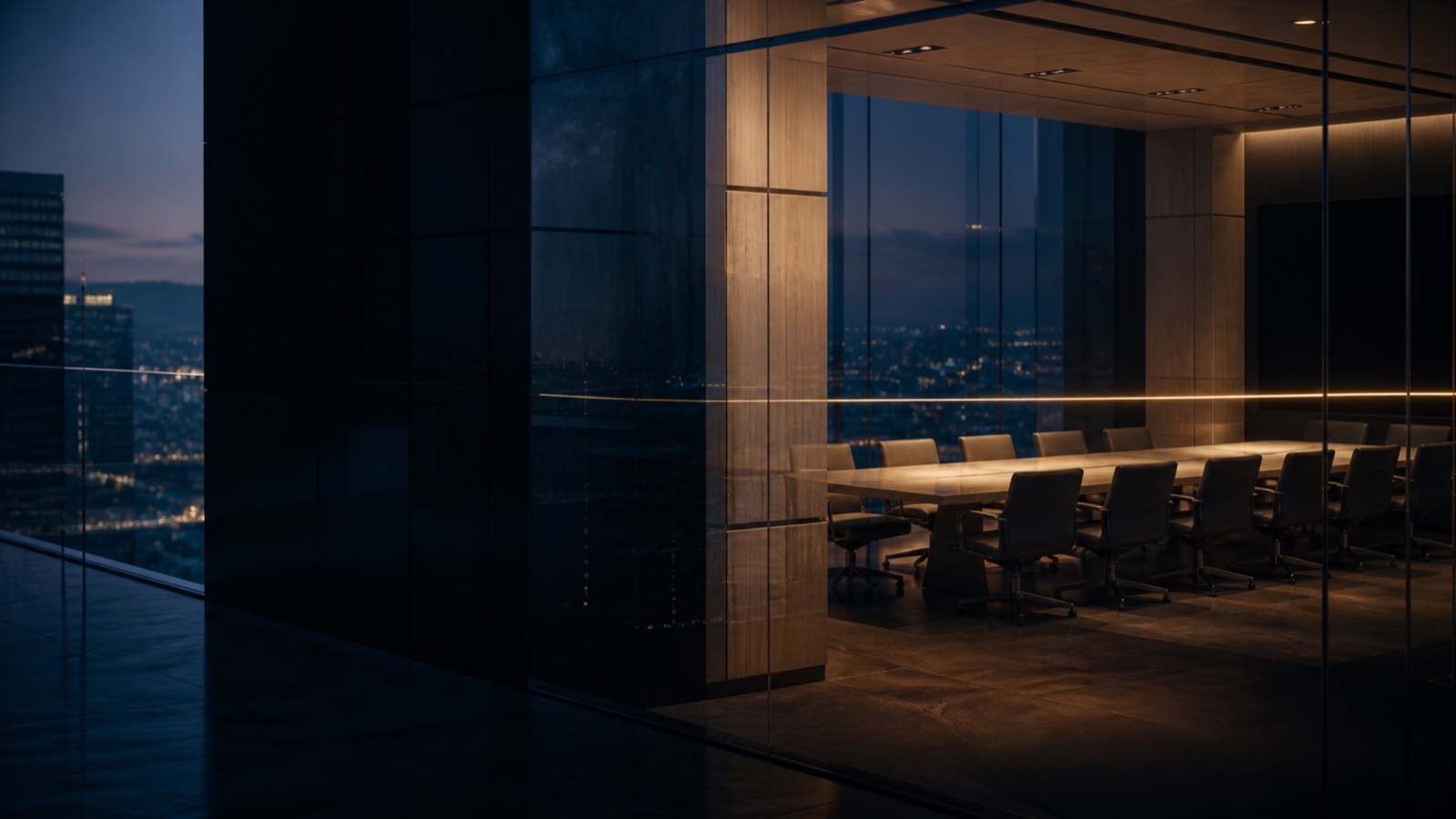 Empty boardroom at blue hour with a gold line across the windows
